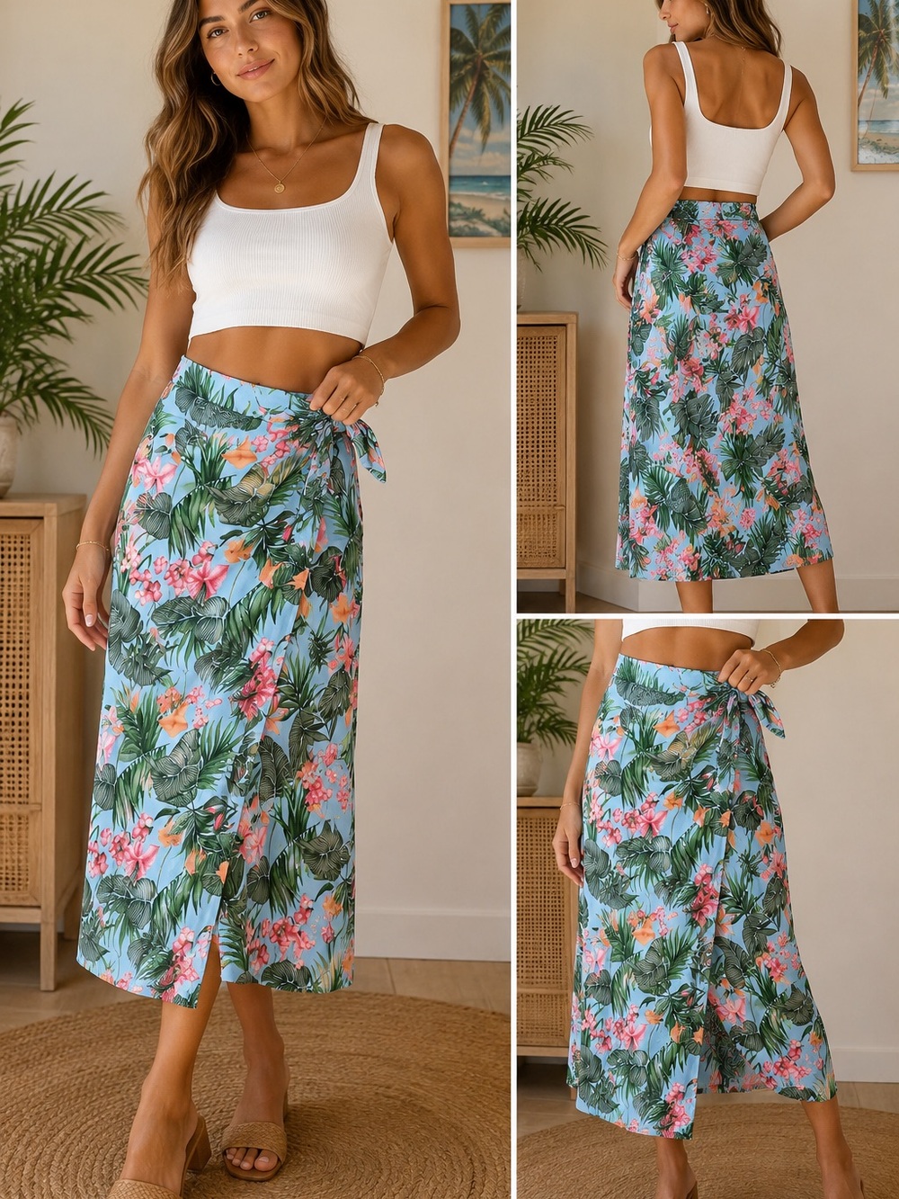 Vintage Y2K Crazy Horse Tropical Floral Wrap Look Midi Skirt Blue 90s